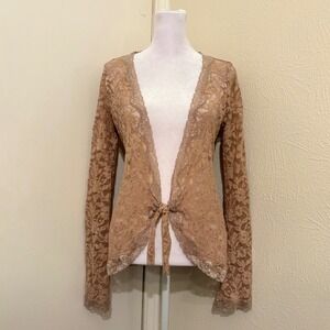 Y2K Fairycore Coquette Moda International Tan Floral Lace Tie Front Top Sheer